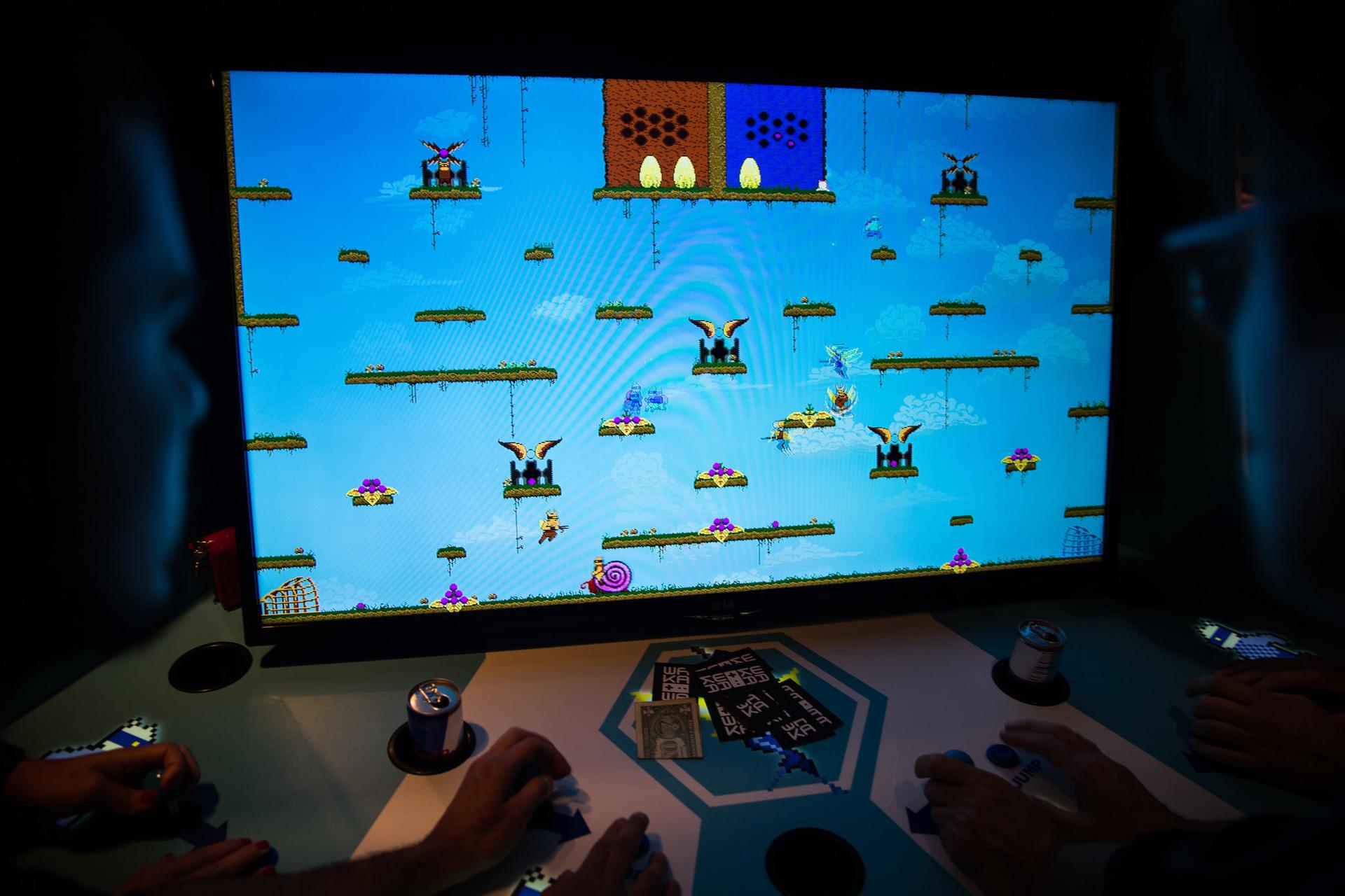 Close-up gameplay with teams battling for the win