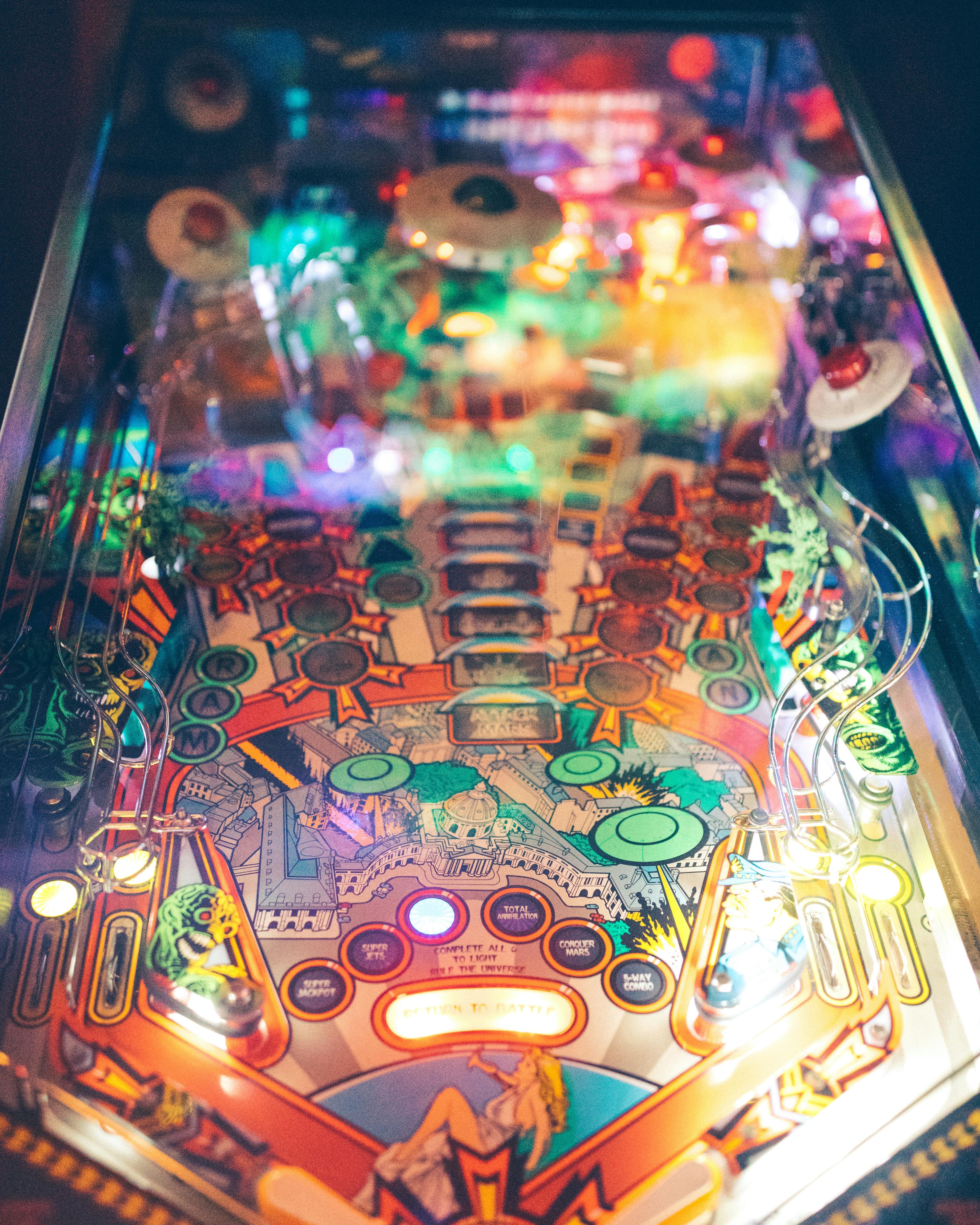 Close-up of a pinball playfield